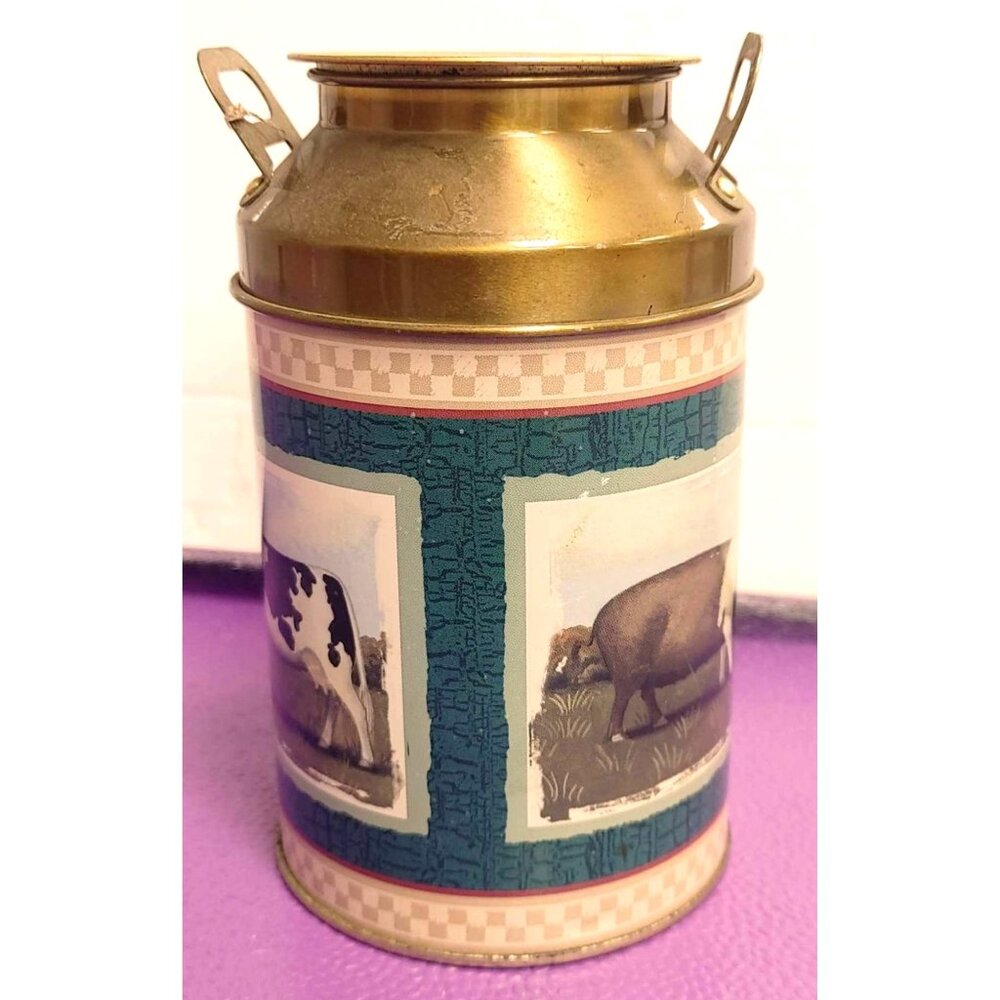Vintage Farm Animal-Themed Brass Colored Milk Canister With Sheep & Cow Prints